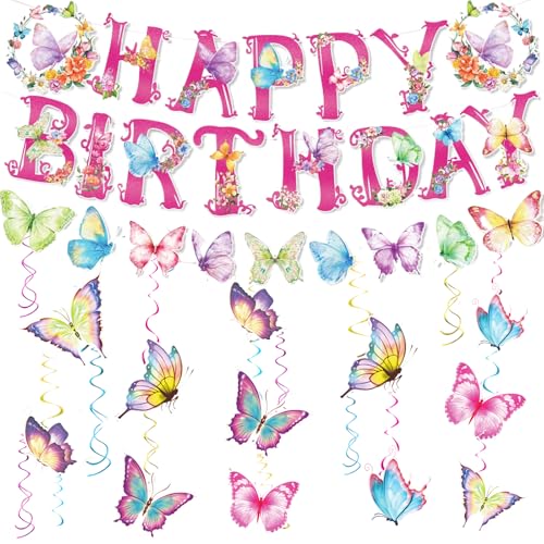 Schmetterling Geburtstag Dekorationen Mädchen Schmetterling Party Dekoration Set Wimpelkette Schmetterling Happy Birthday Banner mit Schmetterlingen Karten und Swirl Streamer für Mädchen Jungen von Apradas