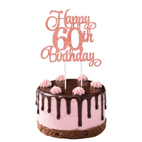 Tortenaufsätze zum 60. Geburtstag, goldfarben, Happy Golden Birthday, Kuchendekoration für 60. Geburtstag, für Frauen und Männer, Party-Dekoration, Zubehör (Roségold 60.) von Apradas