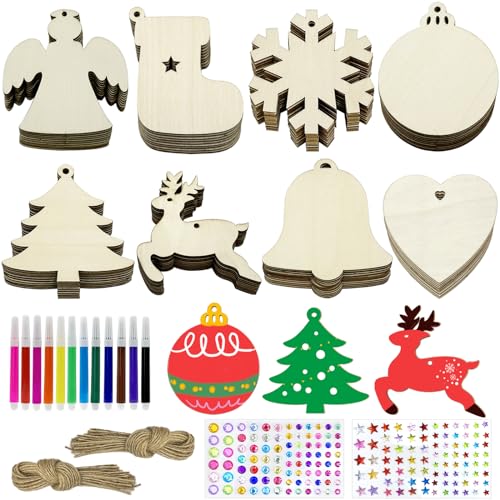 Apragaz 80 Stück Hölzerne Weihnachtsbaumdekoration, 8 Stile Unbehandeltes Holz mit Stift, Edelstein- und Sternaufklebern, baumschmuck weihnachten für Christbaumschmuck Holz Hänger von Apragaz