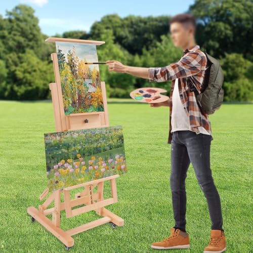Apriltop Holzstaffelei mit 4* Universalräder, Tragfähigkeit 10 kg, Atelierstaffelei, Höhenverstellbereich 140–300 cm, Gemälde Ausstellen und Künstler Unterstützen (Holzfarbe) von Apriltop