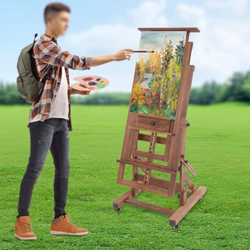 Apriltop Holzstaffelei mit 4* Universalräder, Tragfähigkeit 10 kg, Atelierstaffelei, Höhenverstellbereich 140–300 cm, Gemälde Ausstellen und Künstler Unterstützen (Retro Farbe) von Apriltop