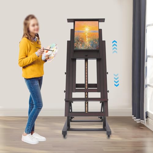 Apriltop Holzstaffelei mit 4* Universalräder, Tragfähigkeit 10 kg, Atelierstaffelei, Höhenverstellbereich 140–300 cm, Gemälde Ausstellen und Künstler Unterstützen (Schwarznuss Farbe) von Apriltop