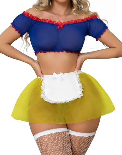 Aranmei Cosplay-Dessous für Damen, sexy Netzstoff, durchscheinend, Minirock-Set, 4-teilig, mit Strümpfen, S-XXL Aranmei Cosplay-Dessous für Damen, sexy Netzstoff, durchscheinend, Minirock-Set, 4-teilig, mit Strümpfen, S-XXL von Aranmei