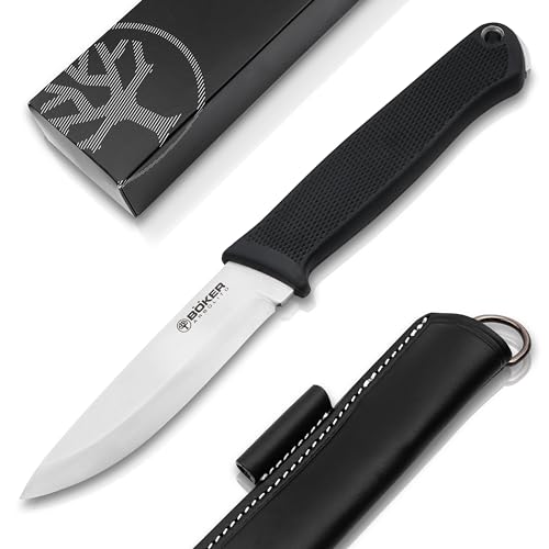 ARBOLITO BÖKER BK-1 Bushcraft Messer feststehend - Outdoor Gürtel-Messer mit feststehender N690 Stahl Klinge - robustes TPE Pfadfinder Fahrten-Messer mit Leder-Scheide mit Aufnahme für Feuerstahl von ARBOLITO
