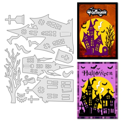 Arbuya Metall-Stanzformen für Halloween, 3 Spukhäuser, toter Baum, 2 Grabsteine, schwarze Katze und Fledermaus-Silhouetten für gruselige Karten, Halloween-Leckerli-Taschen, Bastelarbeiten, Dekoration Arbuya Metall-Stanzformen für Halloween, 3 Spukhäuser, toter Baum, 2 Grabsteine, schwarze Katze und Fledermaus-Silhouetten für gruselige Karten, Halloween-Leckerli-Taschen, Bastelarbeiten, Dekoration von Arbuya