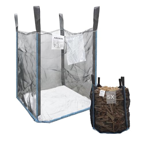 Arebos Premium Holzsack 5er Pack | Big Bag 100x100x120 cm | mit 4 Schlaufen und Einfüllschürze | Tragfähigkeit 1000 kg, SF 5:1, EN ISO 21898 | Säcke für Bauschutt, Holz, Gartenabfall | UV-Beständig von Arebos