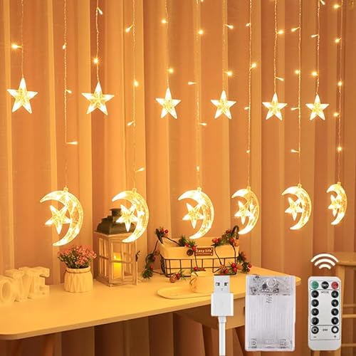 Arespark Sterne Mond Lichterkette, 120 LED Ramadan Lichterkette, 3.5m 8 Modi Lichtervorhang USB/Batterie mit Fernbedienung für Hochzeit Party Fenster Balkon, Ramadan deko von Arespark