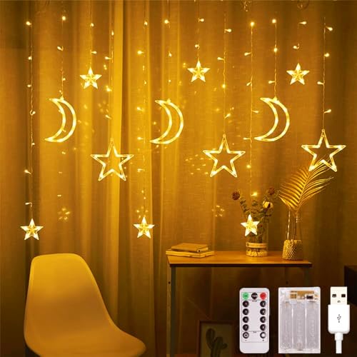 Arespark Sterne Mond Lichterkette, 3,5M LED Ramadan Licht, Lichtervorhang Batteriebetriebe/USB, 8 Modi Vorhanglicht Ideal für Hochzeit Party Fenster Balkon, Ramadan Dekoration von Arespark