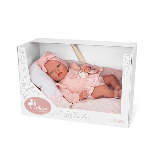 ARIAS Reborn Alba Puppe mit weißem Kissen, 40 cm, realistisches Baby mit rosa Kleidung, Schnuller und Schnuller, Vinylspitzen und weichem Körper, Spielzeug für Jungen und Mädchen ab 3 Jahren von Arias