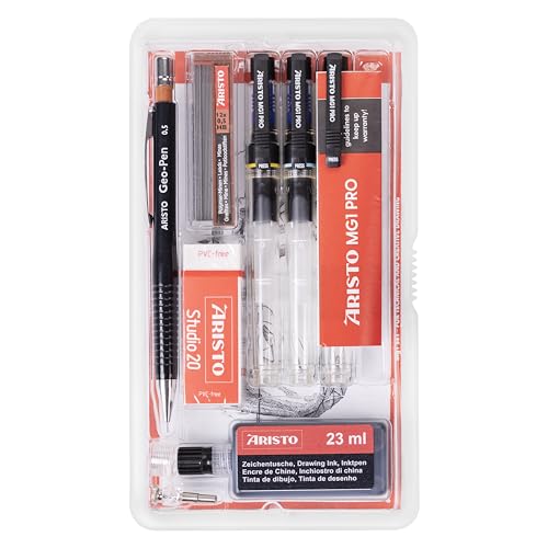 Aristo AR64150 mg1 Pro Tuschefüller Studio Set 8-teilig (3 Tuschefüller mg1 Pro, Strichstärken 0,35/0,5/0,7 mm, Feinminenstift 0,5 mm mit Ersatzminen, Zirkeladapter, Radierer, Zeichentusche schwarz) Aristo AR64150 mg1 Pro Tuschefüller Studio Set 8-teilig (3 Tuschefüller mg1 Pro, Strichstärken 0,35/0,5/0,7 mm, Feinminenstift 0,5 mm mit Ersatzminen, Zirkeladapter, Radierer, Zeichentusche schwarz) von Aristo