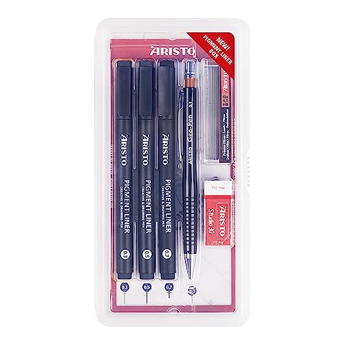 Aristo AR80087 Pigmentliner 6-teiliges Schul-Set (3 Pigmentliner 0,30 / 0,50 / 0,70 mm, 1 Druckbleistift Geo-Pen 0,5 mm inkl. 12 Ersatzminen, 1 Radiergummi) schwarz von Aristo