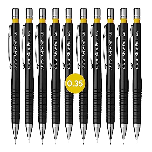 Aristo AR85003 Druckbleistift Geo Pen 0,35 mm (Ergonomisch gerillte Griffzone, gefederte Minenführung, Härtegrad Mine HB, integrierter Radiergummi) schwarz, 10 Stück von Jovi