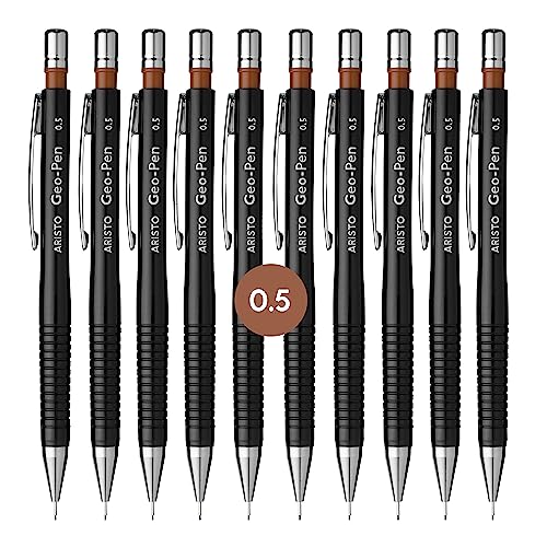 Aristo AR85005 Druckbleistift Geo Pen 0,50 mm (Ergonomisch gerillte Griffzone, gefederte Minenführung, Härtegrad Mine HB, integrierter Radiergummi) schwarz, 10 Stück von Jovi