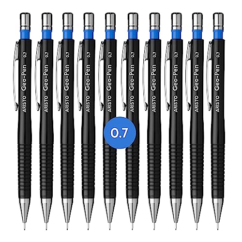 Aristo AR85007 Druckbleistift Geo Pen 0,07 mm (Ergonomisch gerillte Griffzone, gefederte Minenführung, Härtegrad Mine HB, integrierter Radiergummi) schwarz, 10 Stück von Aristo