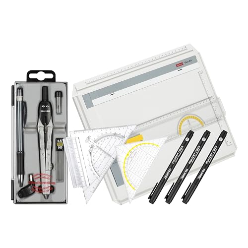 Aristo VD87120 Zeichenplatten Set 2 (AR70442 Geo Board Zeichenplatte A4, AR7090 Schnellzeichendreieck, AR80084 Zirkel 5-teilig, AR23513 College Pigmentliner 3er-Set, AR1552 Geodreieck 16 cm) von Aristo