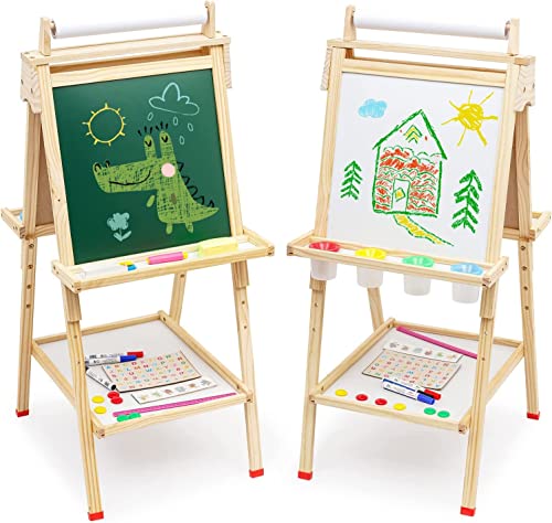 Kinder Staffelei mit Papierrolle Höhenverstellbar Standtafel Kinder Tafel Holz Kindertafel mit Zahlen und anderem Zubehör Doppelseitige Maltafel als Geschenk für Jungen und Mädchen (Holz) von Ark miido