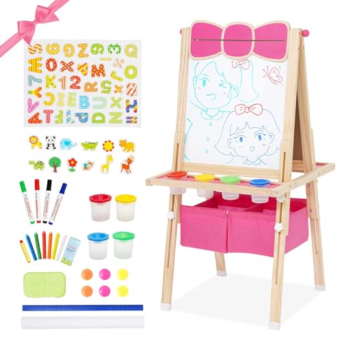 Kinder Staffelei mit Papierrolle Malen Doppelseitiges Whiteboard und Kreidetafel, Tafel Kinder mit Zahlen und anderem Zubehör (Rosa) von Ark miido