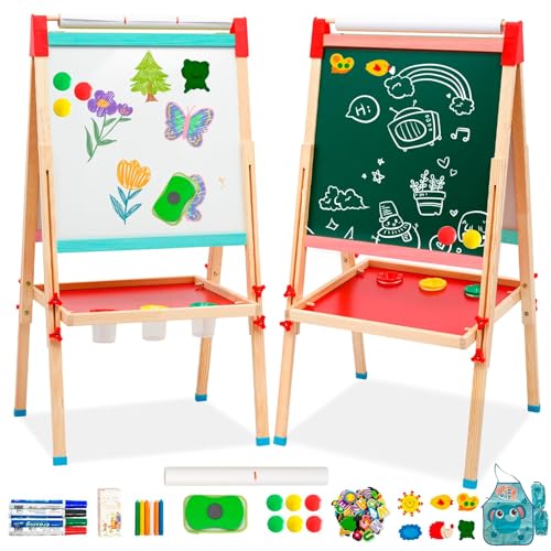 Arkyomi tafel kinder staffelei holz,kindertafel Doppelseitige kreidetafel und whiteboard set höhenverstellbar maltafel mit papierrolle spieltafel standtafel mit zubehör ab 3 4 5 6 jahre von Arkyomi