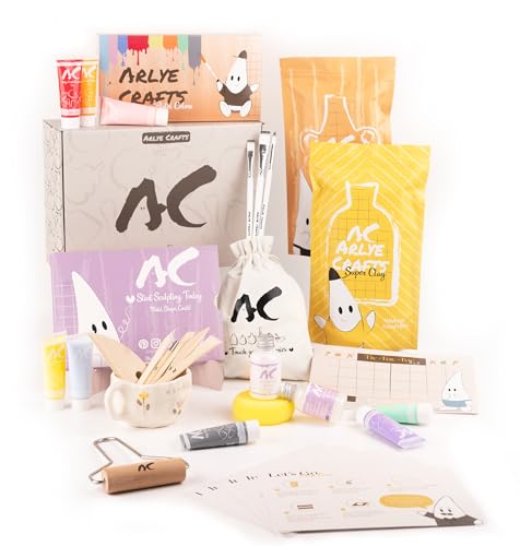 Arlye Crafts Töpferset für zuhause - perfekt für Anfänger | DIY Set für Erwachsene mit 2 kg Ton lufttrocknend, Acrylfarben, Werkzeuge, Pinseln und Anleitung (Töpfer-Set) von Arlye Crafts