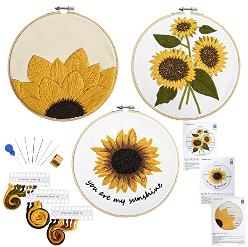 Armindou 3 Sets Stickerei Starter Kits mit Sonnenblumen-Muster für Erwachsene Anfänger, Floral Stamped Kreuzstich Kit Hand DIY Nadelspitze Kit zum Basteln, 3 Stickrahmen, 3 Stickstoff, Nadeln, Fäden von Armindou