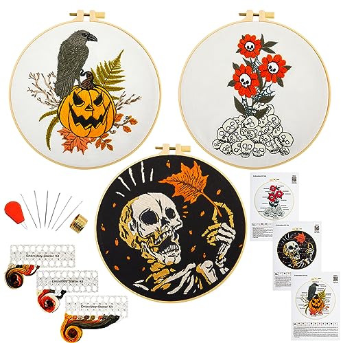 Gothic Halloween Embroidery Starter Kit for Beginners Adults Stamped Cross Stitch Kit Needlepoint Kit for Beginner Adult, 3 Embroidery Hoop 3 Set Embroidery Supplies (Attached Teaching Video QR Code) von Armindou