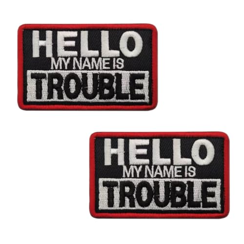 ArmorSmith Humorvoller Klettverschluss-Aufnäher mit Aufschrift "Hello My Name is Trouble" für Rucksäcke, Westen, Hüte, strapazierfähig, bestickt, 7,9 x 4,8 cm, 2 Stück von ArmorSmith