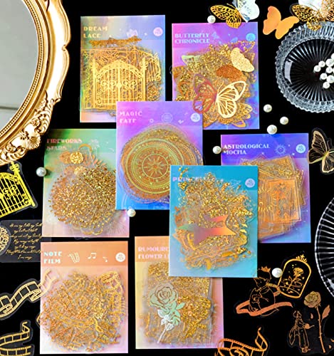 Aromoty Goldfolien-Sticker für Astrologie, holografisches Aufkleber-Set (180 Stück mit 4 Themen), transparente, wasserfeste Aufkleber, Fantasie, Vintage-Planer, Wasserflaschen, Handyhüllen-Dekoration von Aromoty