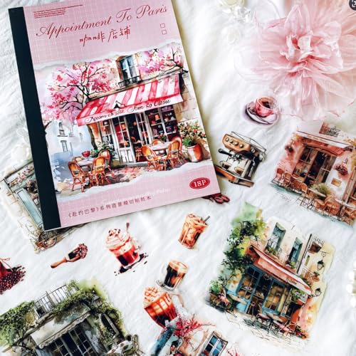 Scrapbooking Zubehör Stickers,Bullet Journal Sticker PET Scrapbook Sticker Set,Blumen und Landschaft Building Aufkleber Deko für Fotoalbum,Kalender,Journaling,Painting(Coffee Shop) von Arpaper