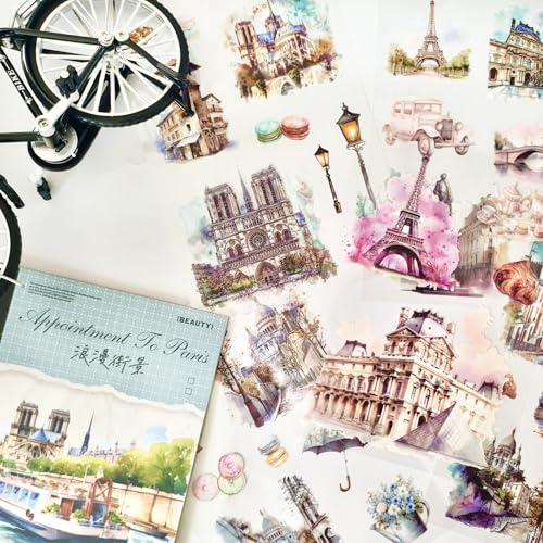 Scrapbooking Zubehör Stickers,Bullet Journal Sticker PET Scrapbook Sticker Set,Blumen und Landschaft Building Aufkleber Deko für Fotoalbum,Kalender,Journaling,Painting(Romantic Street View) von Arpaper