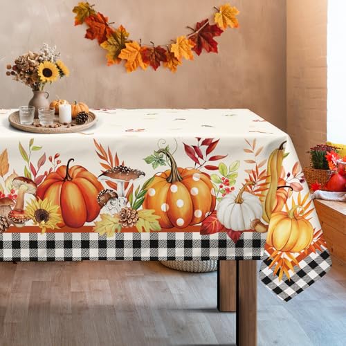 Arquiel Ahornblätter Kürbis Tischdecke Rechteckige, Orange Tischtuch Abwaschbar Vintage Füllhorn Erntedankfest Büffel Karo Tischdecken für Party Picknick Herbst Abendessen Dekor(140 x 180 cm) von Arquiel