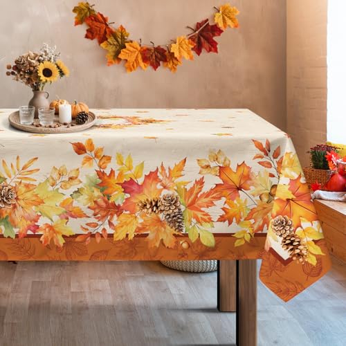 Arquiel Ahornblätter Tischdecke Rechteckige, Orange Holzmaserung Tischtuch Abwaschbar Vintage Erntedankfest Rustikal Tischdecken für Party Picknick Herbst Abendessen Dekor(152 x 304 cm) von Arquiel