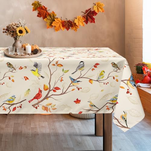 Arquiel Ahornblatt Vogel Tischdecke, Rechteckige Orange Tischtuch Abwaschbar Vintage Erntedankfest Tischdecken Lastwagen für Party Picknick Herbst Abendessen Dekor(140 x 180 cm) von Arquiel