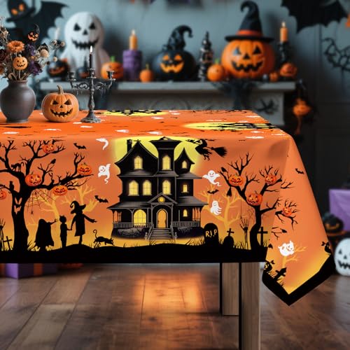 Arquiel Halloween Tischdecke Rechteckige, Orange Burgen Hexen Karo Tischdecken Abwaschbar Tischtuch Wasserabweisend für Party Feiertage Herbst Abendessen Dekor(140 x 180 cm) von Arquiel