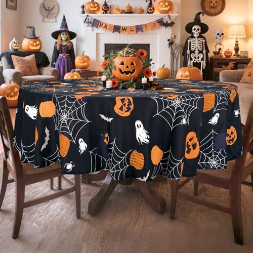 Arquiel Halloween Tischdecke Runden, Schwarz Halloween Geist Kürbis Tischdecken Abwaschbar Tischtuch Wasserabweisend für Party Feiertage Herbst Abendessen Dekor(180 x 180 cm) von Arquiel