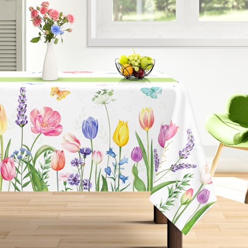 Arquiel Tischdecke Ostern, Tulpe Blumen Tischtuch Wasserabweisend StrapazierfäHiges, Abwischbar Tischdeck FüR Abendessen, KüChe, Hochzeit, Drinnen, FrüHling/Sommer(152x213cm) von Arquiel