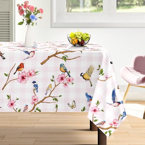 Arquiel Tischdecke Vogel, Tischdecken Rosa Blume Wasserabweisend Abwaschbar Rechteckige Tischtuch Tischdeck für Abendessen Haus Küche Esszimmer Party Dekoration FrüHling/Sommer(152 x 213 cm) von Arquiel