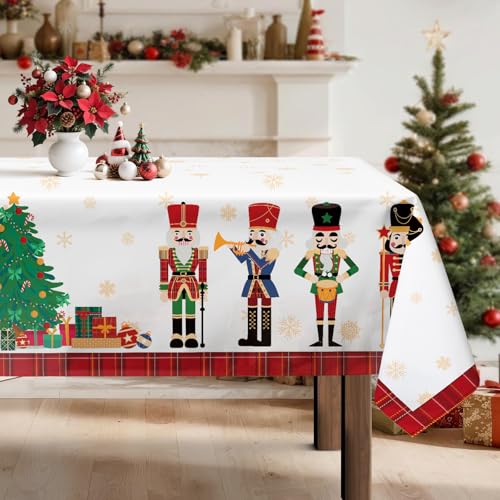 Arquiel Tischdecke Weihnachten, Nussknacker Rot Weihnachtsbaum Tischtuch Abwaschbar Rechteckige Pflegeleicht Tischdeck FüR Küche Parteien Dekoration Hochzeit Festival(152 x 213cm) von Arquiel