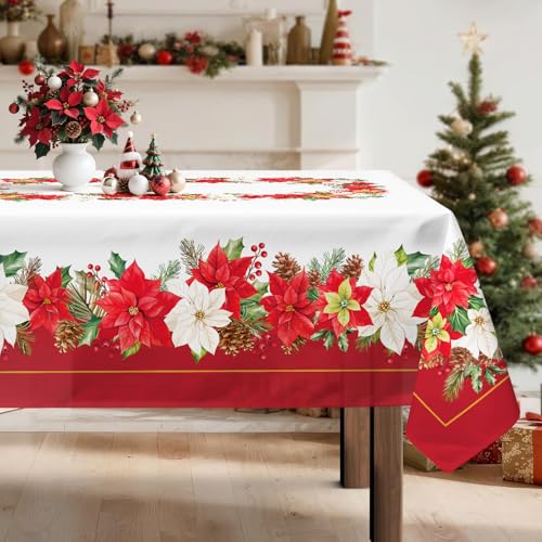 Arquiel Tischdecke Weihnachten, Winter Florale Weihnachtsblume Tischtuch Abwaschbar Rechteckige Pflegeleicht Tischdeck FüR Küche Parteien Dekoration Hochzeit Festival(140 x 180cm) von Arquiel