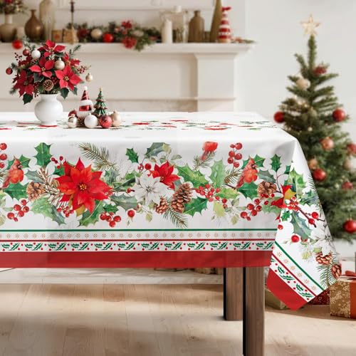 Arquiel Tischdecke Weihnachten, Winter Florale Weihnachtsblume Tischtuch Abwaschbar Rechteckige Pflegeleicht Tischdeck FüR Küche Parteien Dekoration Hochzeit Festival(152 x 264 cm) von Arquiel