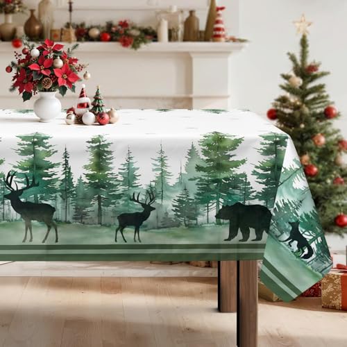 Arquiel Tischdecke Weihnachten, Winter Grünes Waldland Tischtuch Abwaschbar Rechteckige Pflegeleicht Tischdeck FüR Küche Parteien Dekoration Hochzeit Festival(140 x 180 cm) von Arquiel