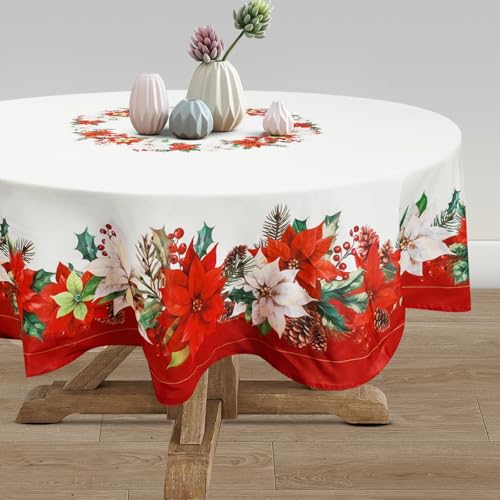 Arquiel Tischdecke Weihnachten Rund, Winter Florale Weihnachtsblume Tischtuch Abwaschbar Pflegeleicht Tischdeck FüR Küche Parteien Dekoration Hochzeit Festival(180 x 180cm) von Arquiel