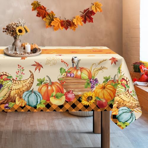Arquiel Vogel Kürbis Tischdecke Rechteckige, Orange Ernte Tischtuch Abwaschbar Vintage Füllhorn Tischdecken für Erntedankfest Party Picknick Herbst Abendessen Dekor(140 x 180 cm) von Arquiel
