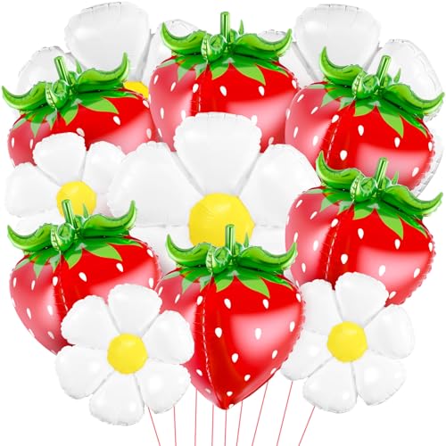 Arrowbash 12-teiliges Erdbeer-Ballon-Set, Gänseblümchen, Party-Dekoration, 4D-Blume, Folienballon für Sommer, Geburtstag, Babyparty, Party-Dekoration (Erdbeere, Gänseblümchen) von Arrowbash