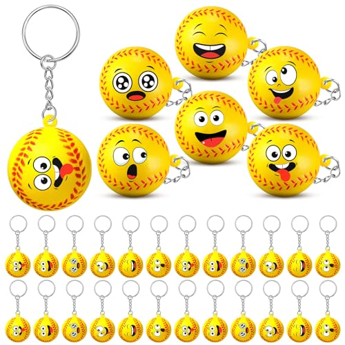 Arrowbash 30 Stück Sportball-Schlüsselanhänger, lustiger Mini-Stressball, Sport-Gesicht, Schlüsselanhänger, Geschenke für Team-Souvenir, Belohnungen, Partygeschenke, Geschenkfüller (Softball) von Arrowbash