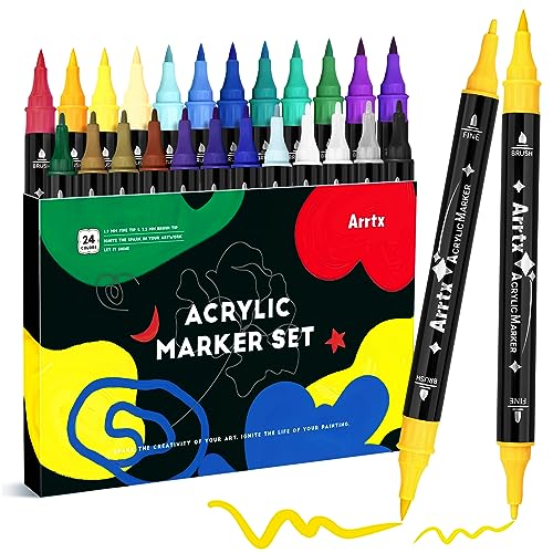 Arrtx 24 Farben Acrylmalstifte, Dual Tip Acrylfarbe Marker für Rock Painting, Holz, Keramik, Stoff, Glas, Leinwand, Kunststoff, Metall, Stein und DIY Crafts von Arrtx