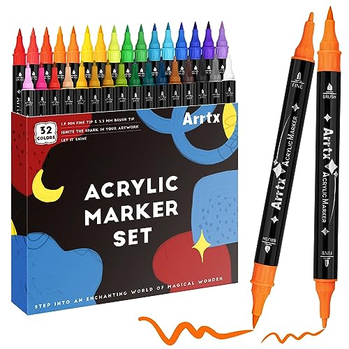 Arrtx 32 Farben Acrylmalstifte, Dual Tip Acrylfarbe Marker für Rock Painting, Holz, Keramik, Stoff, Glas, Leinwand, Kunststoff, Metall, Stein und DIY Crafts von Arrtx