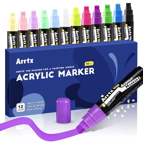 Arrtx Acrylstifte Marker 12 Stück Keil-Spitze 10mm für breite Markierungen - wasserfest, schnell-trocknend, wischfest für Karton, Kunststoff, Holz, Metall, Glas von Arrtx