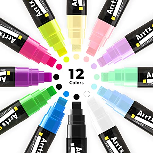 Arrtx Acrylstifte Marker 12 Stück Keil-Spitze 10mm für breite Markierungen - wasserfest, schnell-trocknend, wischfest für Karton, Kunststoff, Holz, Metall, Glas von Arrtx