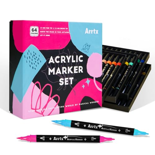 Arrtx Acrylfarben-Marker, 64 Farben, Doppelspitze, Acrylfarbstifte mit feiner Spitze und Pinselspitze, Kunstbedarf für Steinmalerei, Holz, Keramik, Stoff, Glas, Kartenherstellung, DIY Handwerk Arrtx Acrylfarben-Marker, 64 Farben, Doppelspitze, Acrylfarbstifte mit feiner Spitze und Pinselspitze, Kunstbedarf für Steinmalerei, Holz, Keramik, Stoff, Glas, Kartenherstellung, DIY Handwerk von Arrtx