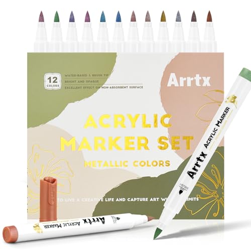 Arrtx Metallic Stifte Set,12 Farben Metallic Marker Stifte,Pinselspitze,für Schwarzes Papier, Rock Painting, Kunststoff, Glas und Diy Projekt von Arrtx